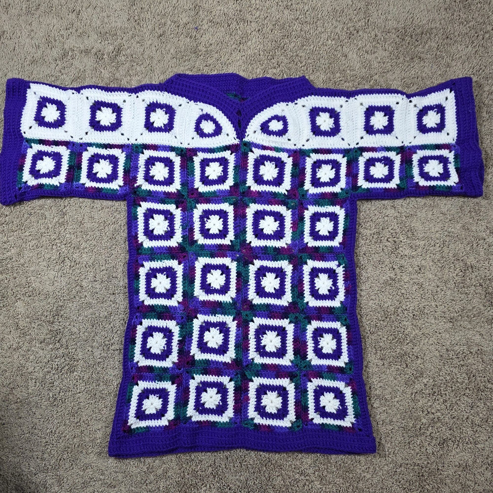 VTG. Handknit Purple and White Crochet Tunic Long Shirt Womens Size S